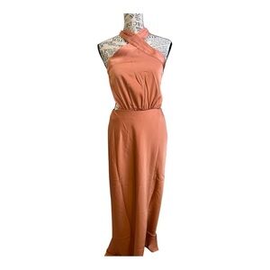 MINK PINK FINLAY HALTER GOWN WITH SPLIT CLAY color, size Small NWT